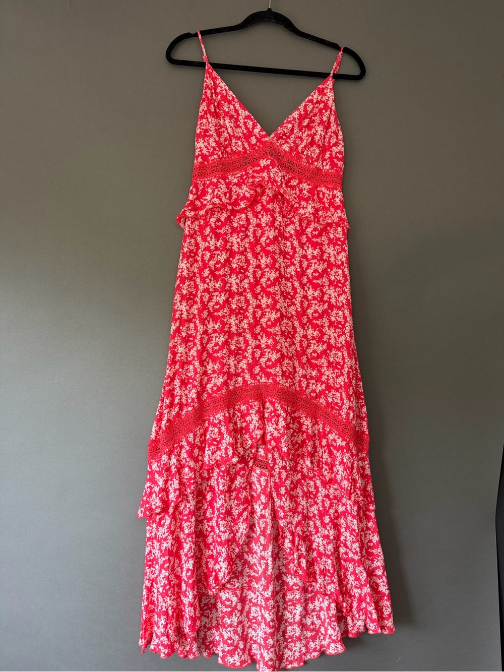 Express Dress M Express Women's Red Lace Floral Dress with V-Neck and tie back